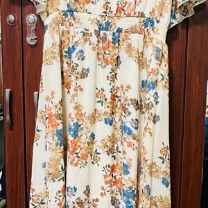 Womens Dress in Cream, Blue, and Orange